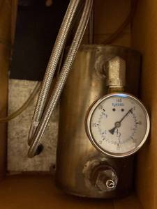 lot 90 image: Stainless Steel Pressure Vessel Used to Bleed Vehicle Brakes with Analog Gauge and Braided Hoses