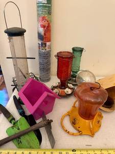 lot 95 image: Collection of Bird Feeders, Garden Tools, Poultry Netting, and Outdoor Accessories