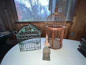 lot 4 image: Lot of 3 Decorative Birdcages and Rustic Birdhouse