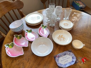 lot 20 image: Mixed Vintage Tableware Set with Glass Goblets, Plates, Bowls, and Decorative Tray