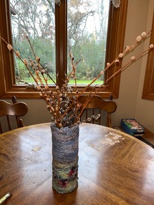 lot 21 image: Handcrafted Felted Wool Vase with Faux Pussy Willow Stems