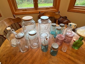lot 26 image: Large Collection of Vintage Mason Jars and Decorative Glass Bottles
