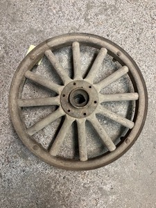 lot 43G image: Antique Wooden Wagon Wheel with Metal Rim - 18 Inch Diameter