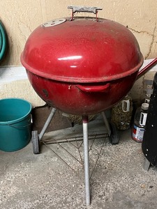 lot 50G image: Weber Red Charcoal Kettle Grill with Lid and Wheeled Stand