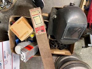 lot 55G image: Box of Mixed Hand Tools with Welding Helmet and Frame Clamp