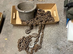 lot 61G image: Heavy Duty Steel Chain with Dual Hooks in Utility Bucket