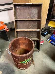 lot 65G image: Vintage White Mountain Wooden Ice Cream Bucket and Rustic Wood Display Shelf