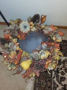 lot 91 image: Fall Decor Set with 2 Wreaths and Pumpkin-Themed Rug