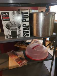 lot 103 image: Kitchen Cookware and Utensil Collection Including Soup Pots, Roaster, and Thermometer Fork