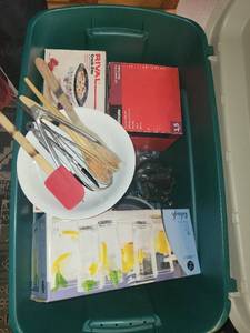 lot 107 image: Large Storage Tote with Kitchenware, Glassware, Crock-Pot, and Utensils