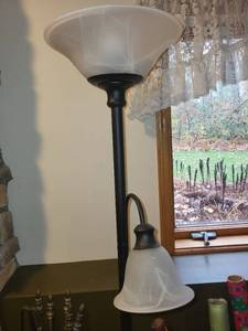 lot 117 image: 71-Inch Two-Light Floor Lamp with Frosted Glass Shades