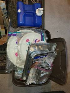 lot 121 image: Party Supply Lot with Water Jug, Plastic Plates, Trays, Cups, and Bags
