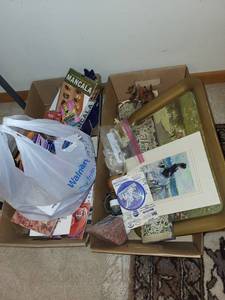lot 132 image: Assorted Household Items including Board Game, Art Prints, and Collectibles
