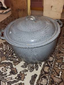 lot 133 image: Vintage Gray Enamelware Stock Pot with Assorted Kitchen Utensils
