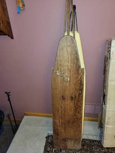 lot 135 image: Vintage Keller Wooden Ironing Board and Sunbeam Iron Set