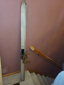 lot 138 image: Antique Wooden Skis with Decorative Ribbon