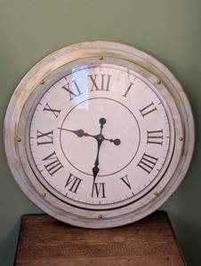 lot 2U image: Large Wall Clock with Roman Numerals, Distressed Wood Frame, 25 Inch Diameter