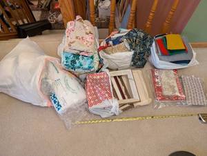 lot 13U image: Large Assorted Fabric and Crafting Material Lot with Frames and Batting