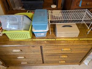 lot 20U image: Assorted Storage Bins, Metal Cash Box, Wire Shelf and Kitchen Utensils Set