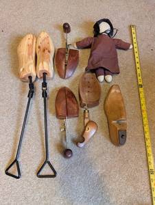 lot 22U image: Collection of Vintage Wooden Shoe Stretchers and Cloth Doll
