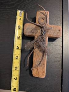 lot 23U image: Rustic Wooden Wall Cross with Burlap Detail 7 Inch