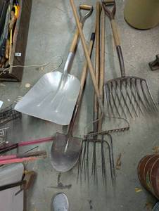 lot 31G image: Group of Farm and Garden Tools Including Shovels and Pitchforks