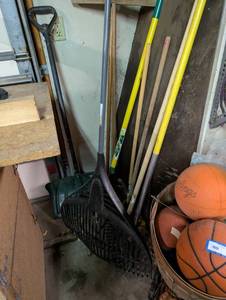 lot 32G image: Collection of Garden and Yard Tools - Rakes, Shovel, Snow Shovel, and Brooms