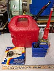 lot 36G image: Automotive Tool Lot Gas Can, Clean Funnel, Compression Tester, 12V Inflator