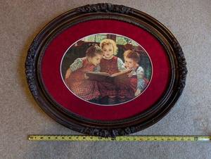 lot 38U image: Antique Oval Framed Print of Children Reading with Ornate Floral Detail