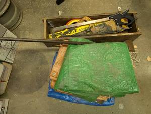 lot 47G image: Hand Tools Lot with Saws, Wooden Tool Box, Sledgehammer, and Tarps