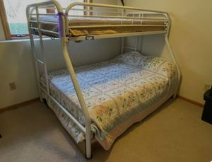 lot 100 image: White Metal Twin over Full Bunk Bed with Mattresses 77x58x60 Inches