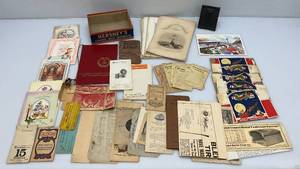 lot 6 image: Misc. Antique Paper Items Including Great Northern Railroad, East German Certificate In Holder, Hersheys Chocolate Box And More