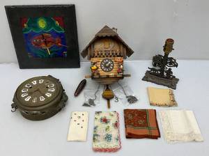 lot 11 image: Very Old Metal Wall Clock, Cuckoo Clock, Figural Lamp And More