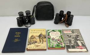 lot 18 image: Misc. Vintage Binoculars And Outdoors Books Including Grain Belt Fishing Manual And More