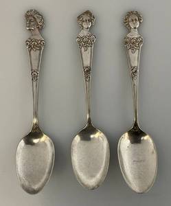 lot 41 image: Antique Sorority Girl Chocolates Silver Spoon Sereis Taylor Bros Set3 WM Rodgers