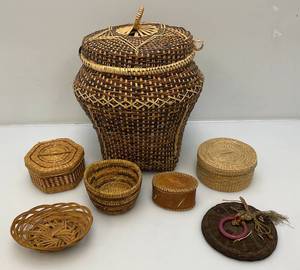 lot 82 image: Misc. Primitive Baskets Including Native American Birch bark And Porcupine Quils And More