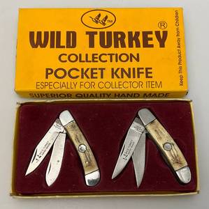 lot 136 image: Vintage Wild Turkey Hand Made Bone Handled Pocket Knife Set In Original Box