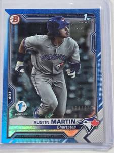 lot 46 image: Austin Martin Rookie 2021 Bowman Blue Foil 1st Edition #BFE-87 and Numbered 134150 - Toronto Blue Jays Baseball Card