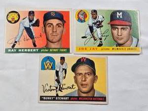 lot 50 image: Lot of 3 Vintage 1955 Topps Baseball Cards Featuring Ray Herbert, Joe Jay, and Veston Stewart