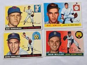 lot 82 image: Lot of 4 Vintage 1955 Topps Baseball Cards Featuring Bob Borkowski, Hal Smith, Wayne Terwilliger, and Bob Miller.