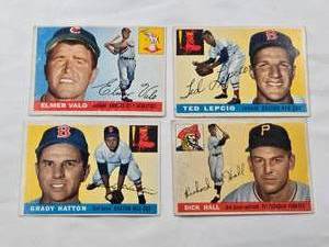 lot 87 image: Lot of 4 Vintage 1955 Topps Baseball Cards Featuring Elmer Valo, Ted Lepcio, Grady Hatton, and Dick Hall