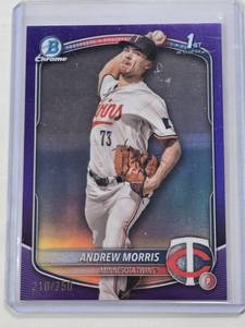 lot 92 image: Andrew Morris 2025 1st Bowman Chrome Purple Refractor #BCP-90 and Numbered 210250 - Minnesota Twins Baseball Card