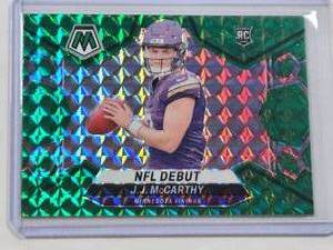 lot 110 image: J.J. McCarthy Rookie 2024 Panini Mosaic Green Prizm #275 - Minnesota Vikings Football Card