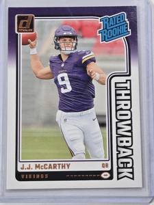 lot 116 image: J.J. McCarthy Rookie 2024 Panini Donruss Rated Rookie Throwback #2 - Minnesota Vikings Football Card