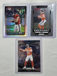 lot 157 image: Lot of 3 Bo Nix Rookie Cards with Topps Chrome, Panini Prizm Fireworks and Emergent