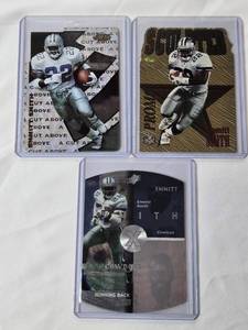 lot 175 image: Lot of 3 Emmitt Smith Die Cut Football Cards featuring Scouted Promo, A Cut Above, Upper Deck SPx