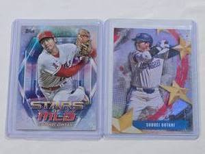 lot 197 image: Lot of 2 Shohei Ohtani Foil Baseball Cards with Topps Stars of MLB Set.