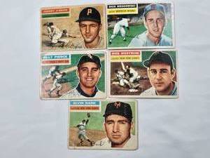 lot 205 image: Lot of 5 Vintage 1956 Topps Baseball Cards Featuring Johnny OBrien, Dick Brodowski, Billy Pierce, Wes Westrum, and Alvin Dark.