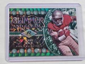 lot 253 image: Jerry Rice 2025 Topps Glimmers and Gleam Green Wave Refractor #GG-16 and Numbered #128149 - San Francisco 49ers Football Card