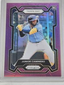 lot 270 image: Junior Caminero Rookie 2024 Panini Prizm Purple Refractor #291 and Numbered 3399 - Tampa Bay Baseball Card